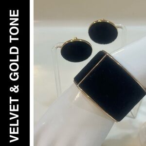 Luxury Black Velvet Gold Trim Wide Cuff & Matching Disk Earrings